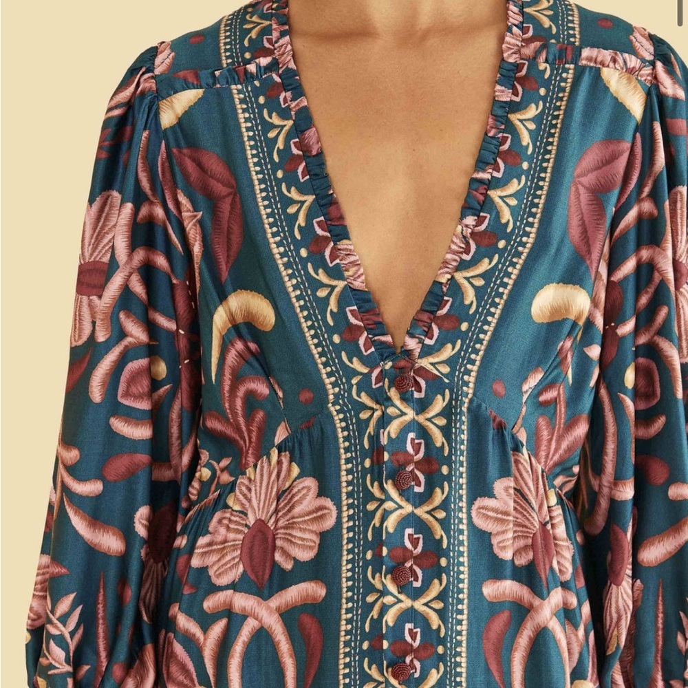Farm Rio Teal Seashell Tapestry Lenzing™ Ecovero™ Viscose Mini Dress 🐚 - Picture 3 of 10